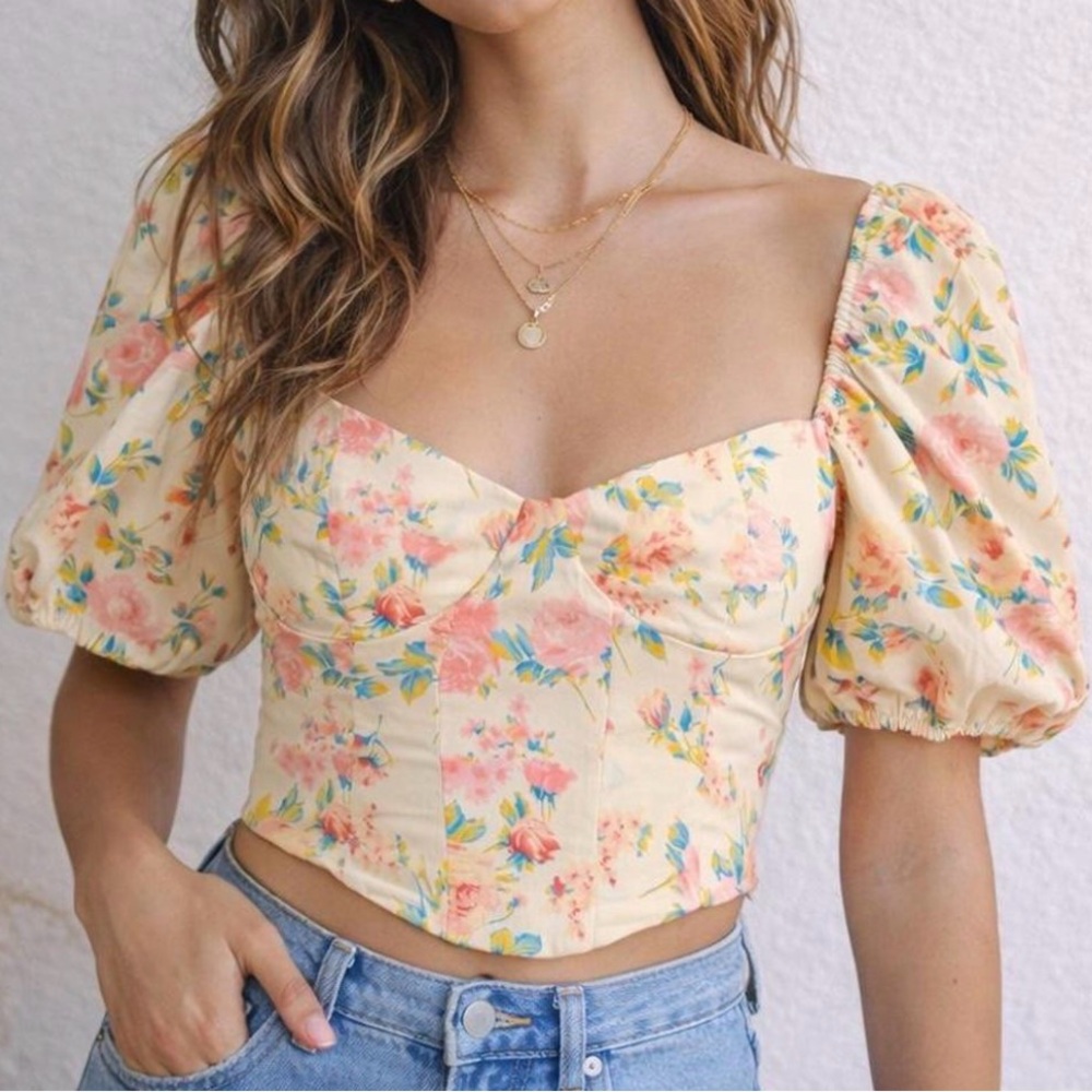 Zara Floral Puff Sleeve Bustier Floral Crop Top
